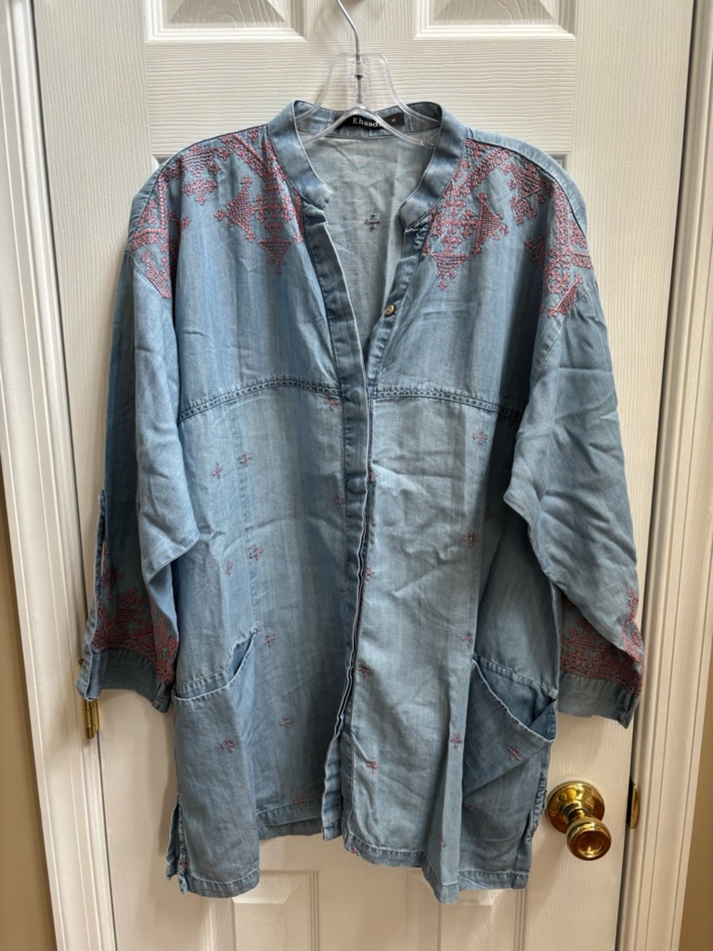 Khaadi  Chambray Embroidered Top - Blue with Pink Accents, Size 12, EUC